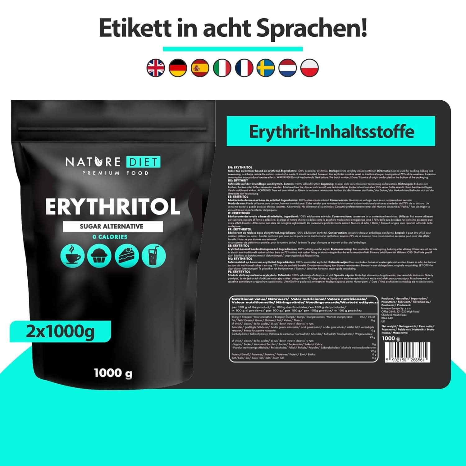 Nature Diet - Erythritol 2 X 1000 G | Přírodní sladidlo | Nula kalorií | Náhradní sladidla Naty Shop