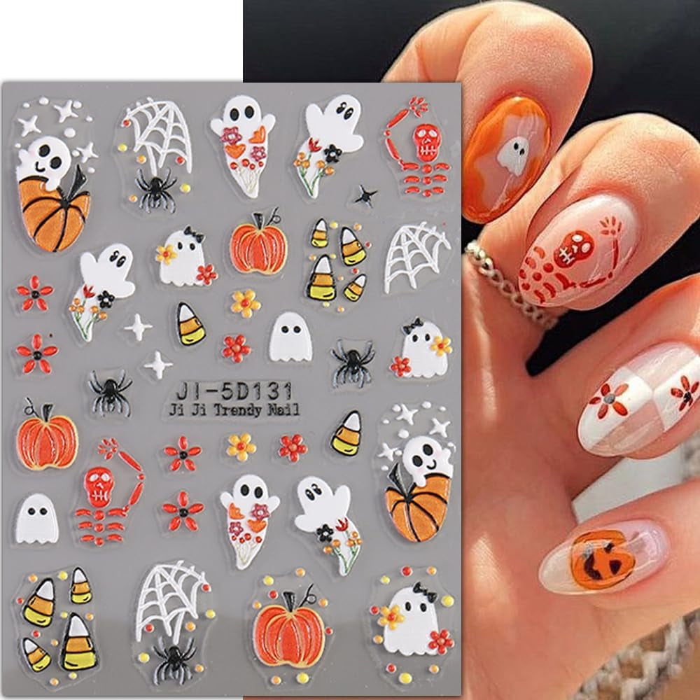 JMEOWIO 3D Nagelsticker Halloween Nail Art Sticker Selbstklebend Nagelaufkleber 5D Stereoskopisch Süßer Geisterkürbis Dekoration Nageldesign Zubehör 4 Blatt