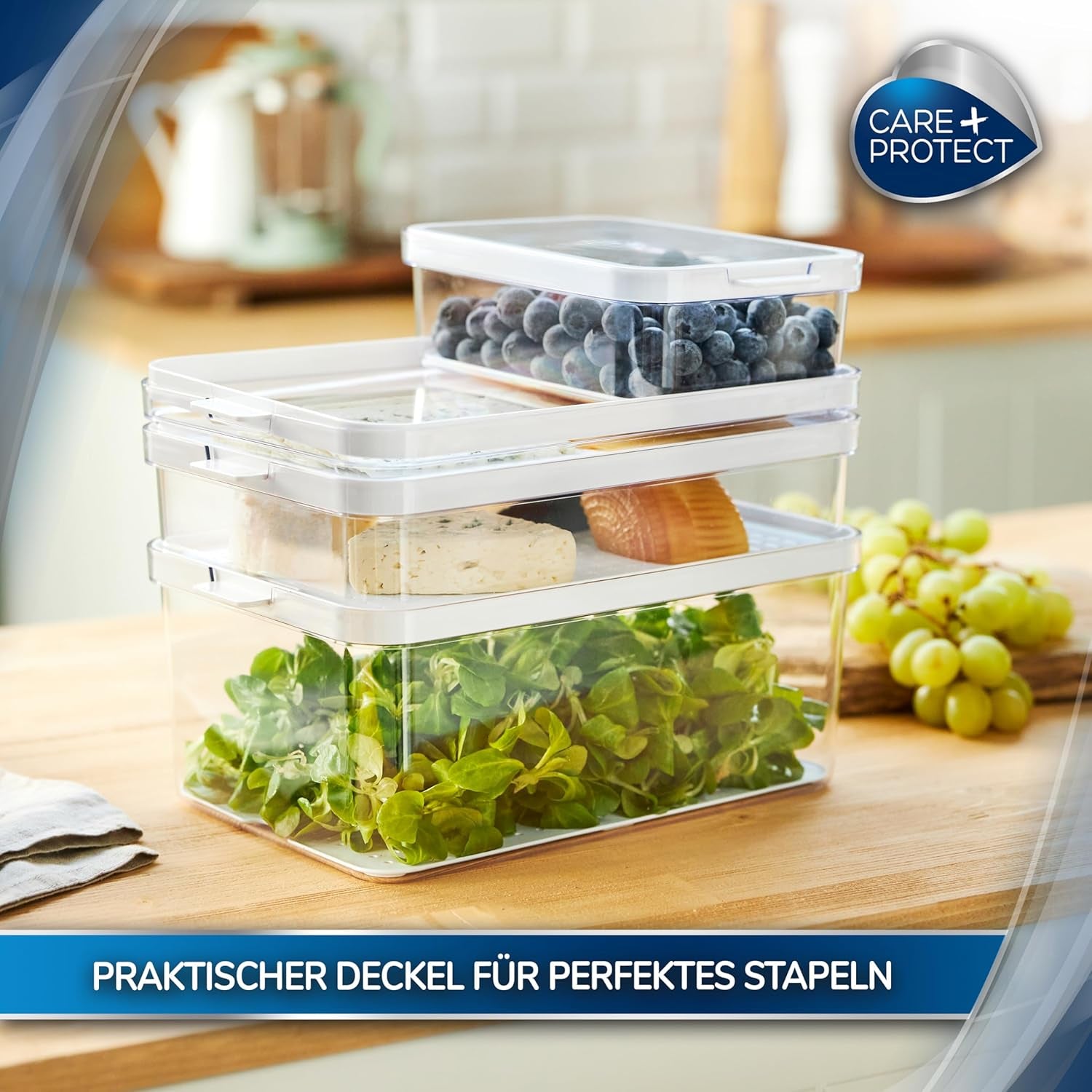 CARE + PROTECT Recipient inteligent pentru alimente, perfect stivuibil, organizator pentru frigider, protejează alimentele de umiditate, păstrează alimentele proaspete mai mult timp, 2,15 l Cutii depozitare alimente Naty Shop