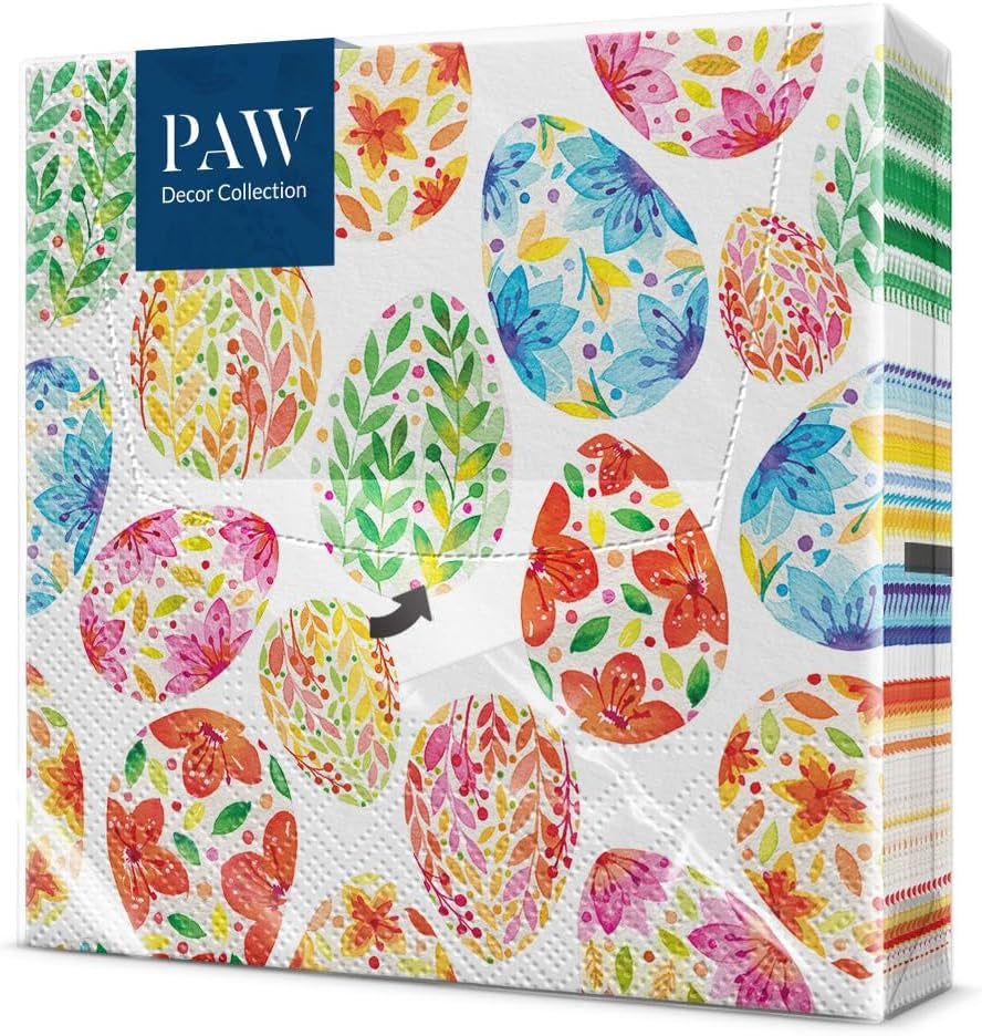 PAW - Șervețele din 3 straturi (33 X 33 Cm) I 20 bucăți I Perfect pentru Paște, petreceri, primăvară și sărbători I Decorațiuni de masă Petrecere de Paște Șervețele de hârtie colorate - Ouă de Paște în acuarelă I Ouă în acuarelă