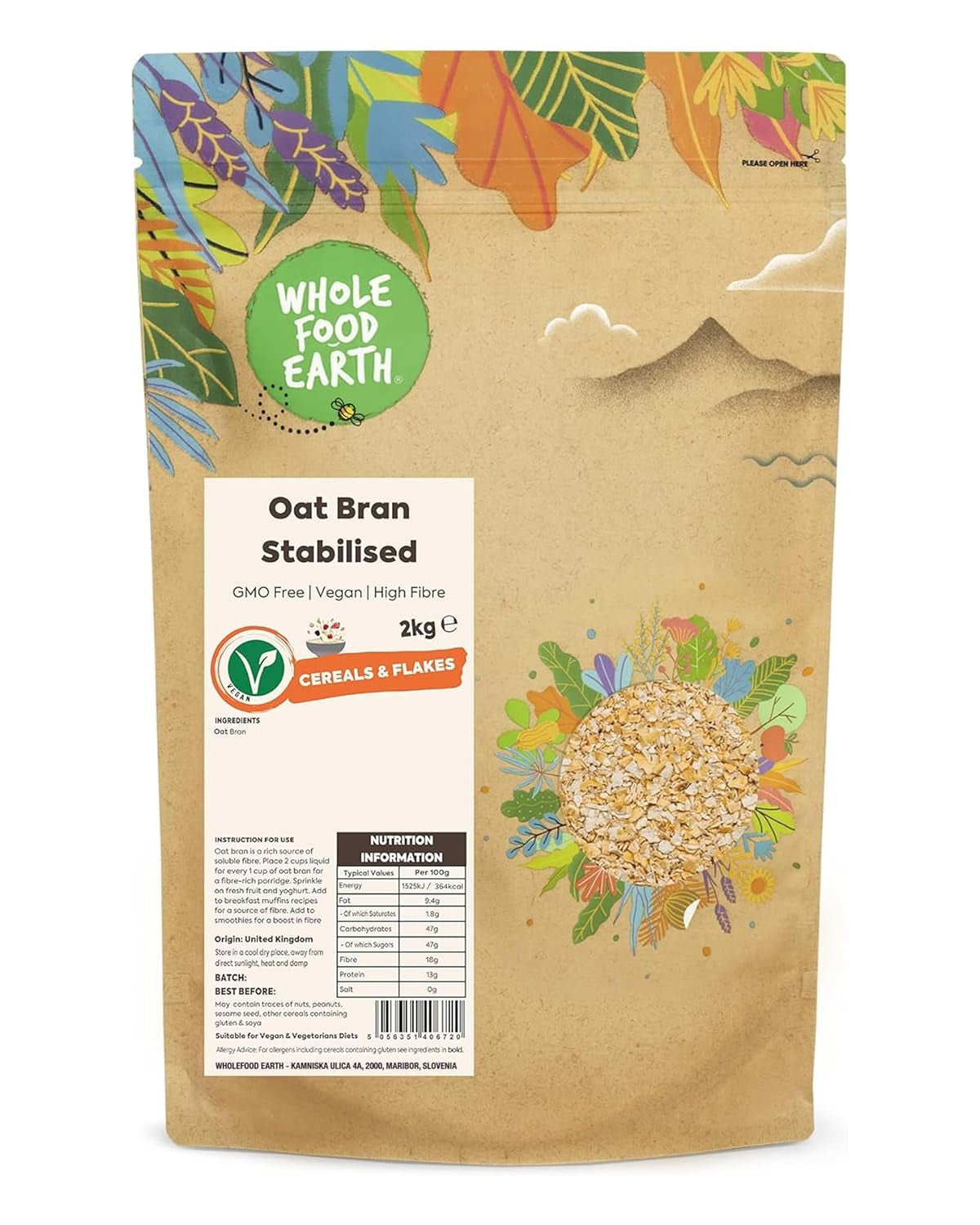 Wholefood Earth stabilizované ovesné otruby 2 kg | Bez GMO | Bohaté na vlákninu