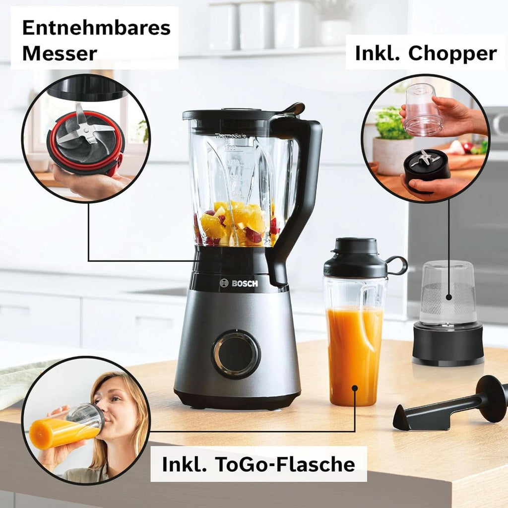 Bosch Standmixer Vitapower Serie 4 MMB6177S, Edelstahl-Klingen Made in Germany, 1,5L Thermosafe Glasbehälter, 0,6L To-Go-Flasche, Stopfer, Universalzerkleinerer, 30,000 U/Min, 1200 W, Silber Bucatarie Naty Shop