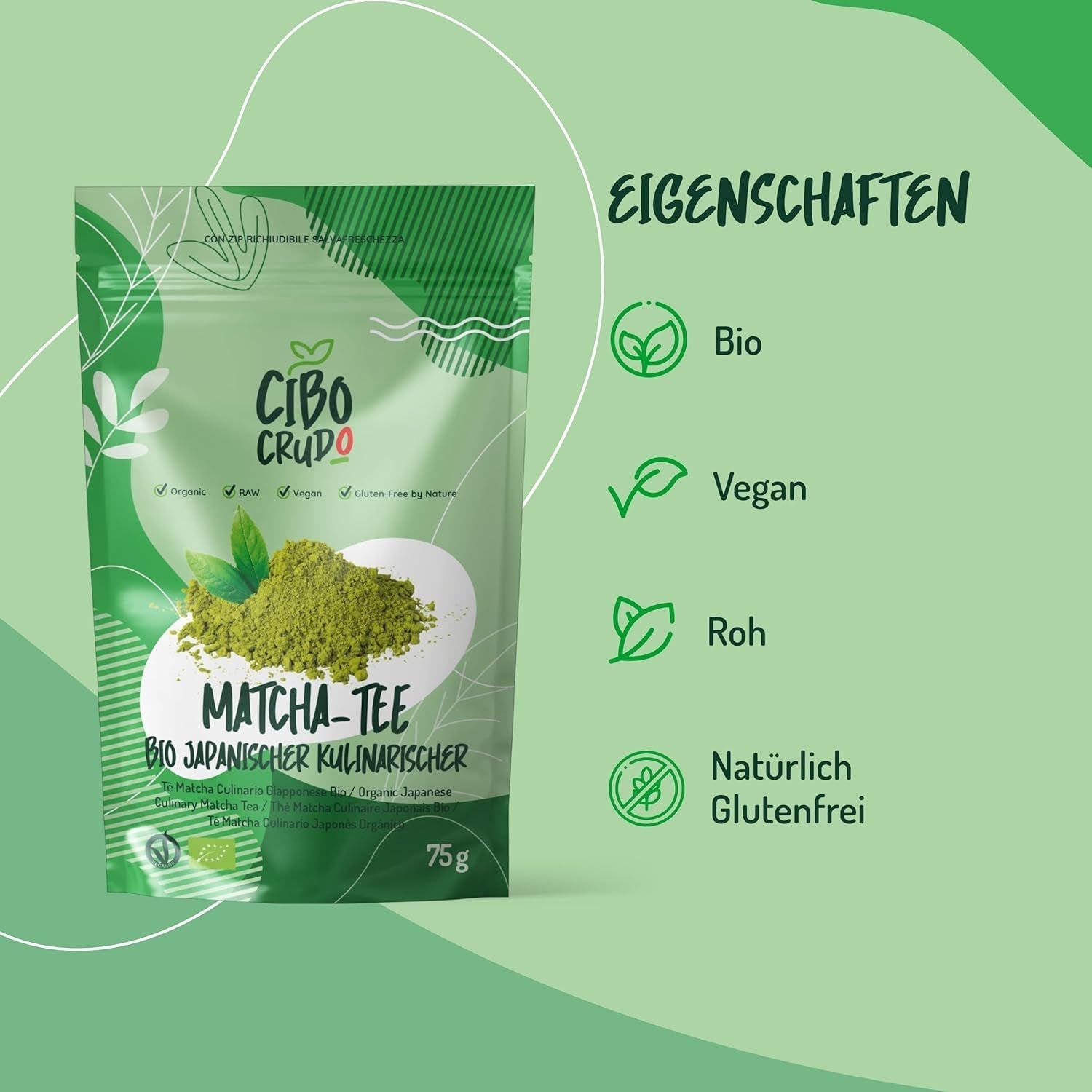 CIBO CRUDO Pudră Matcha Bio 75 g – Ceai verde Matcha japonez pentru prăjituri, înghețată sau deserturi