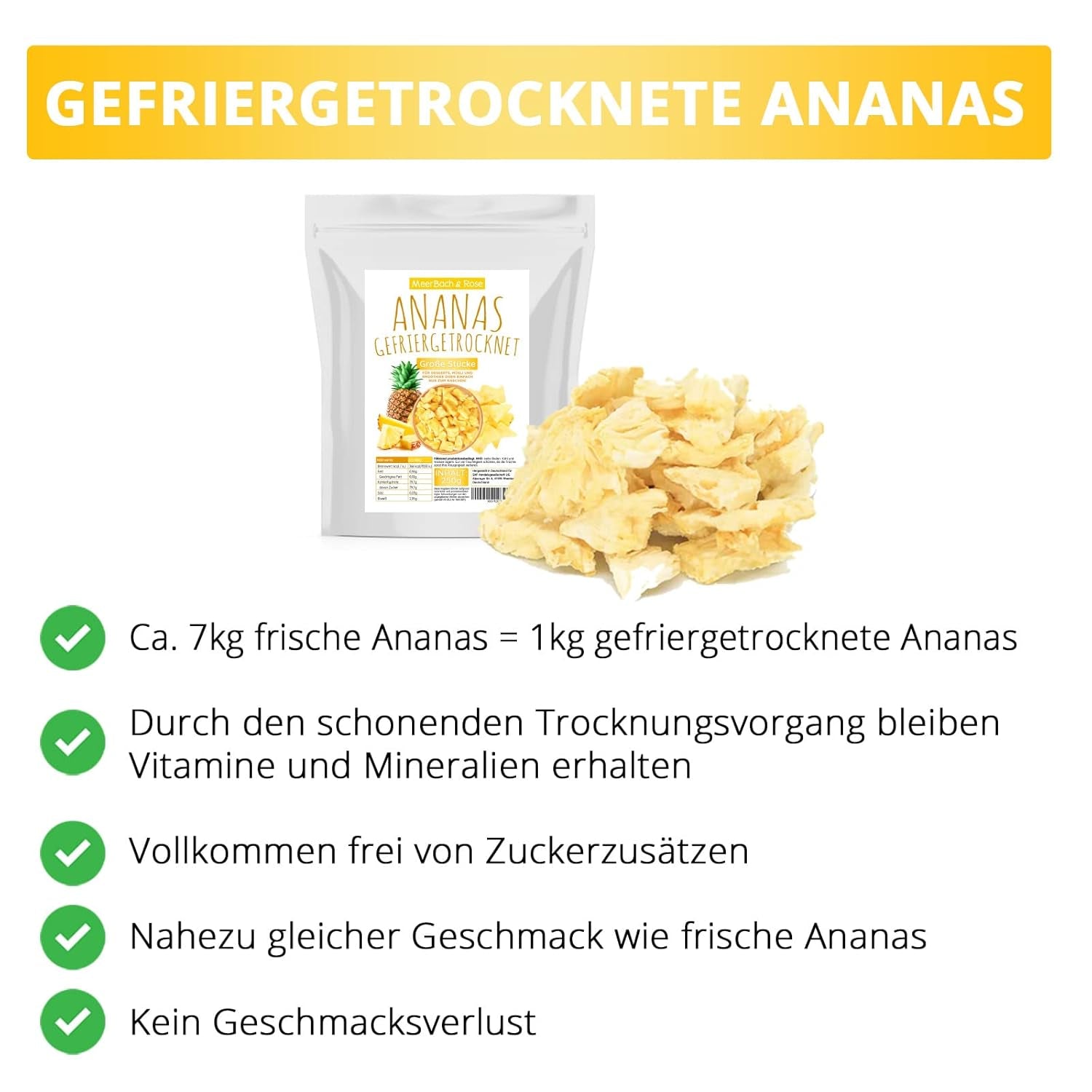 Ananas liofilizat 250g, bucăți mari, fructe liofilizate în felii, neîndulcite, bucăți de ananas fructate, ananas uscat Produse deshidratate Naty Shop