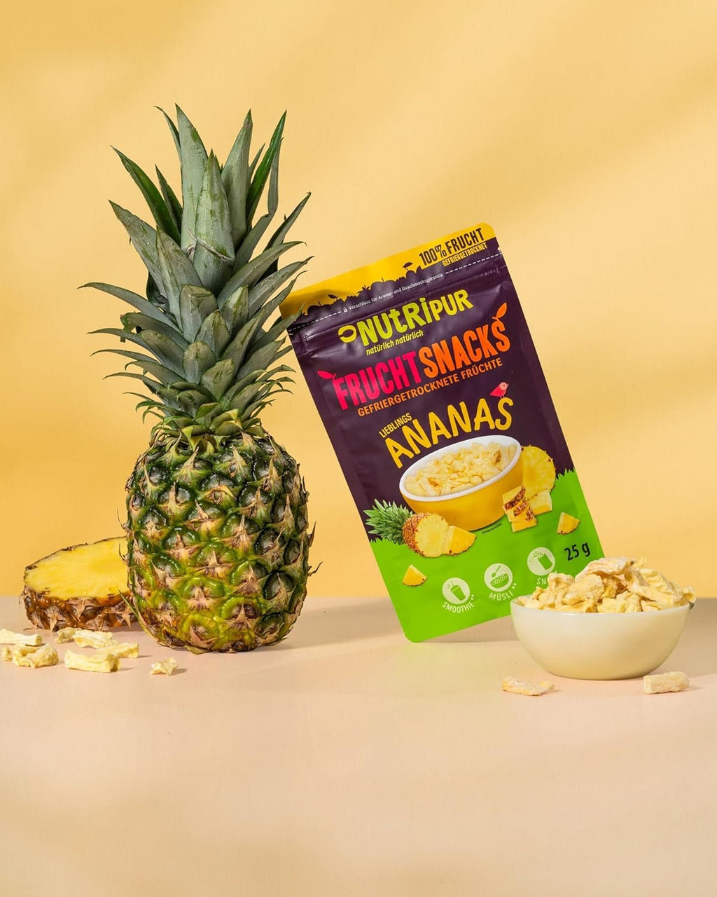Ananas liofilizat BITS 100g bucăți mari pentru smoothie bowls, muesli, topping porridge - fructe liofilizate fără zahăr adăugat - ananas uscat - fructe de la NutriPur Produse deshidratate Naty Shop