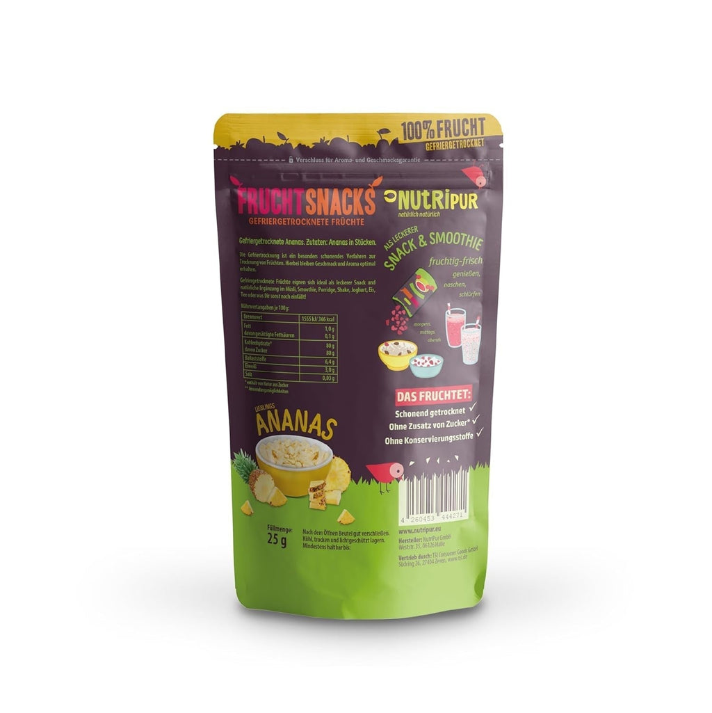 Ananas liofilizat BITS 100g bucăți mari pentru smoothie bowls, muesli, topping porridge - fructe liofilizate fără zahăr adăugat - ananas uscat - fructe de la NutriPur Produse deshidratate Naty Shop
