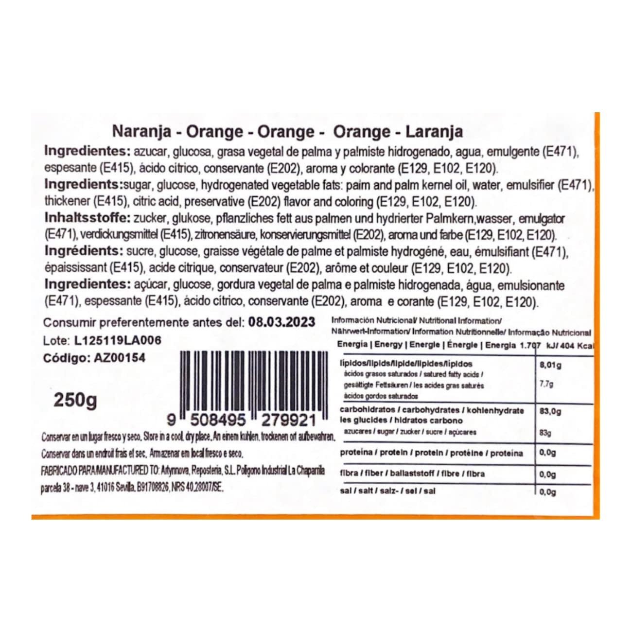 Azucren - Azudant - Roll fondant - Ușor de utilizat, neted, flexibil, moale și pliabil - Perfect pentru decorarea torturilor, halal, kosher - Fără gluten - 250G (Orange) Pasta de zahar Naty Shop