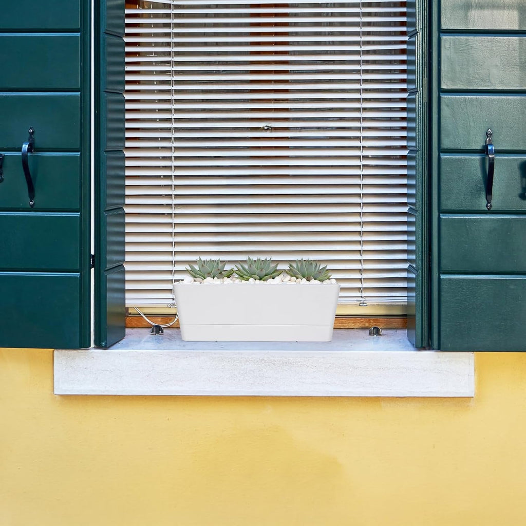 Set de 3 ghivece dreptunghiulare (40,6 × 9,7 cm) cu farfurioare – ghivece albe din plastic pentru ierburi, flori, legume – pentru balcon, grădină, pervaz, interior și exterior