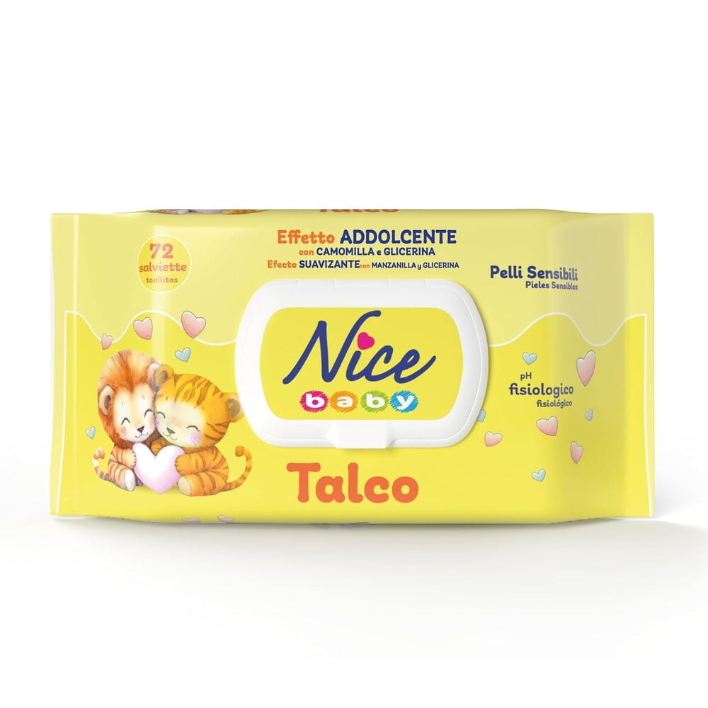 Șervețele umede NICE pentru bebeluși, 72 bucăți, cu capac, parfum de talc, materiale naturale, curățare delicată, bebeluși, 1 buc.