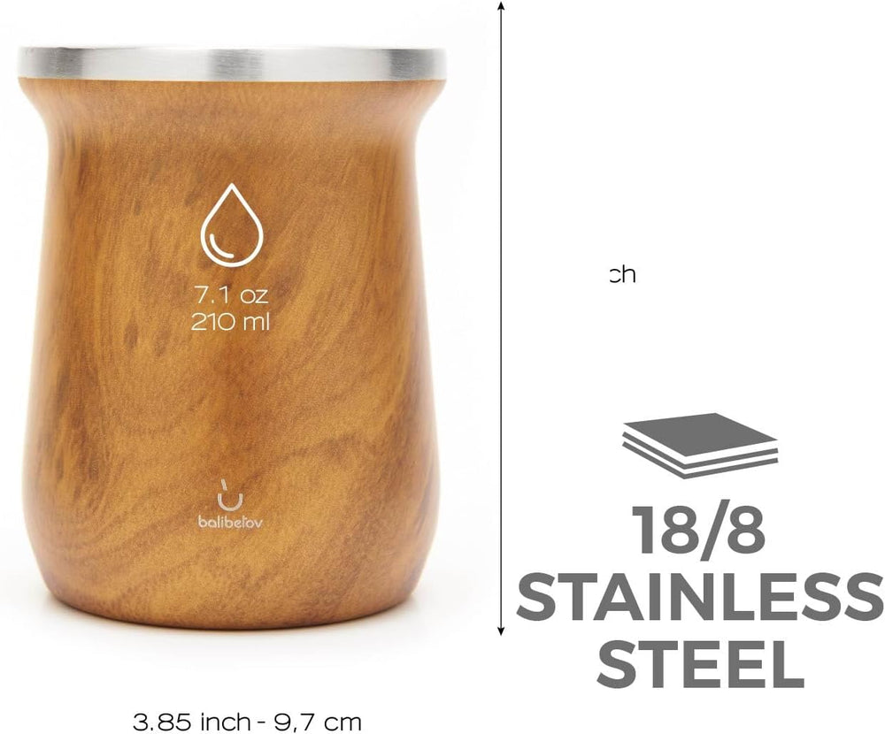 Set de ceai Yerba Mate balibetov (ceașcă Mate) din oțel inoxidabil cu bombilla (pai) pentru mate, Set Yerba Mate ușor de curățat și foarte durabil (LEMN)