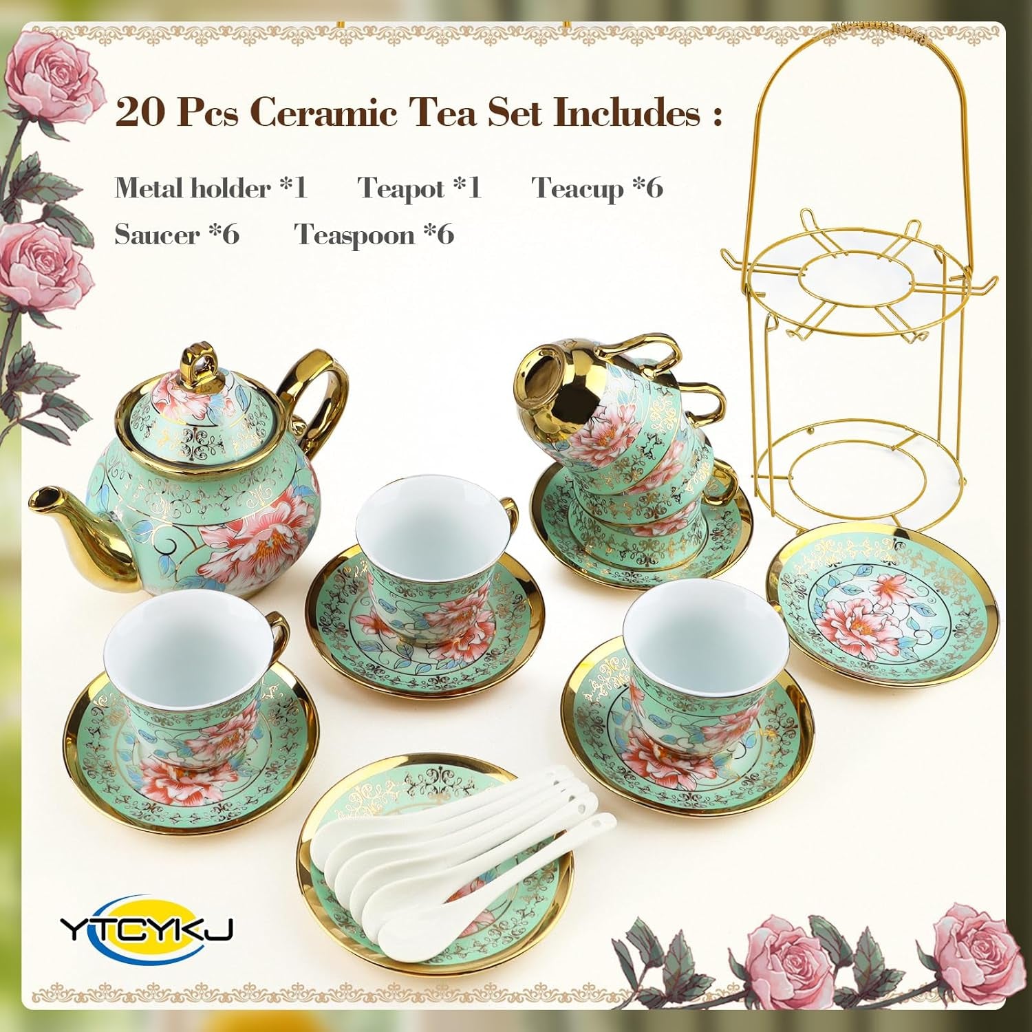Set de ceai din ceramică cu suport metalic, set de ceai din porțelan cu 20 de piese cu motiv floral vintage, set de ceai în stil european pentru 6 persoane, ceașcă de ceai din ceramică de 160 ml, ceainic de 700 ml, pentru petreceri