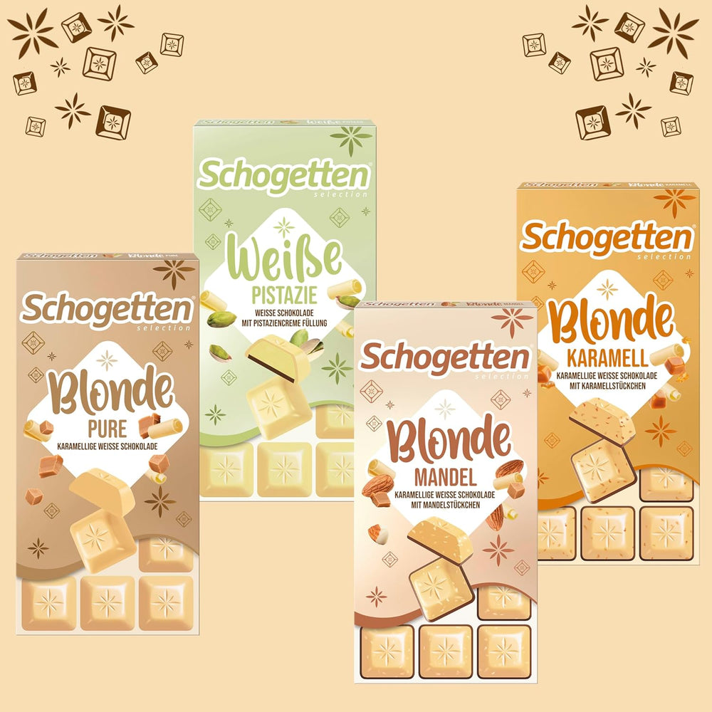 Schogetten Blonde Caramel | Karamel s bílou čokoládou a kousky karamelu | Čokoládová tyčinka 100g | Pohodlně porcované