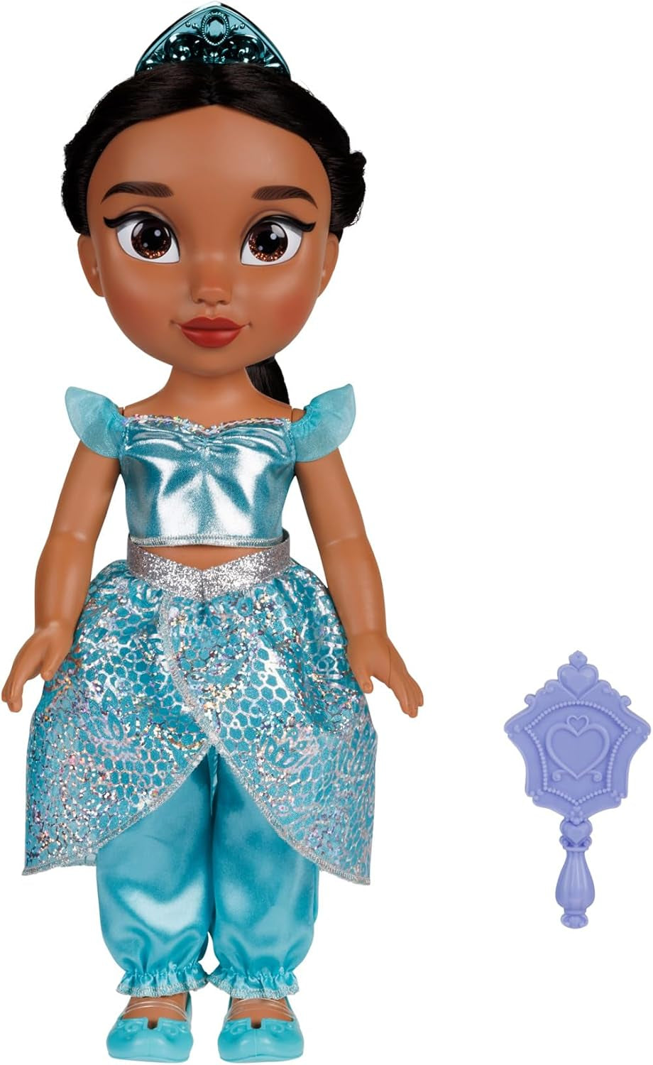 Disney Princezna Jasmin Puppe 35 cm, reflexní lesk, bewegliche Gelenke, ausziehbares Outfit, Schuhe, Krone, langes geflochtenes Haar, für Mädchen ab 3 Jahren