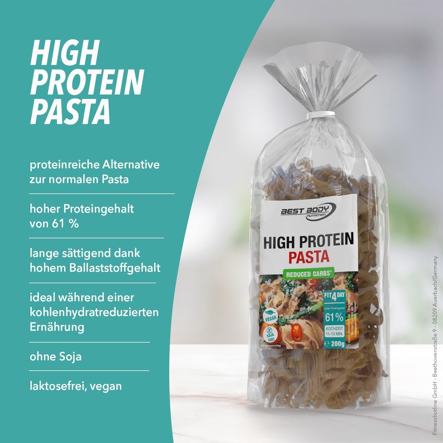 Nejlepší proteinové těstoviny pro tělovou výživu 6 x 200 g - Fit4Day High Protein Tagliatelle - 61 % proteinů, nízký obsah sacharidů, veganské a bez laktózy, bez sóji - vysoce kvalitní hrachový protein - pro nízkosacharidové diety