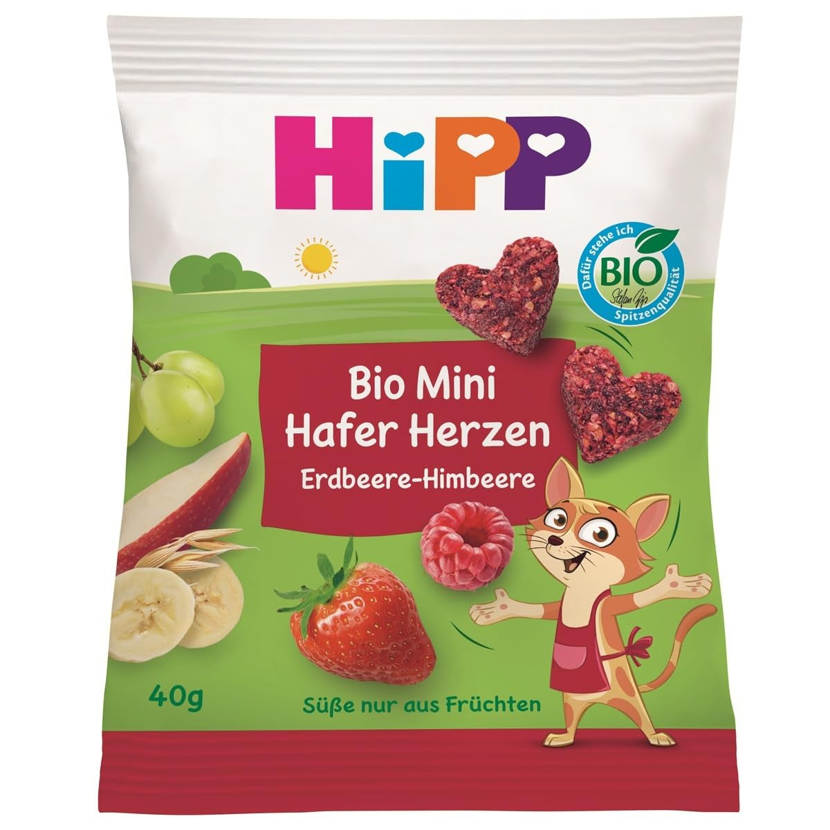 HiPP Mini Jahodovo-Malinová ovesná srdíčka (12 x 40g), od 1 roku, bio srdcovka ve tvaru srdce, s vysokým obsahem cereálií a vlákniny, slazená pouze ovocem, v té nejlepší bio kvalitě