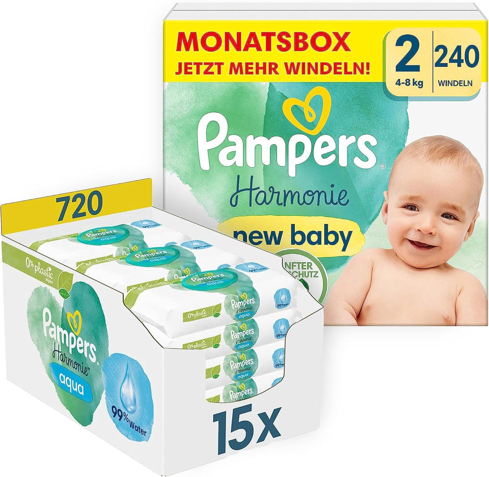 Sada dětských plen Harmonie Velikost 2 (4-8 kg, 240 kusů) MĚSÍČNÍ BOX a Krabice na vlhčené ubrousky Harmonie Aqua Baby 720 ubrousků (15 x 48), Baby Essentials