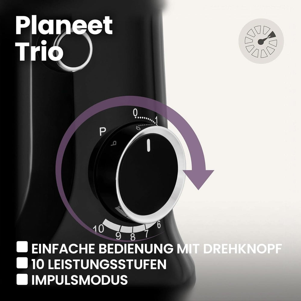 ZEEGMA PLANEET TRIO Planetenroboter, 1500 W, Multifunkční Küchenmaschine Mit 3 Schüsseln 4 L, 4,5 L Und 5,2 L, 10 Betriebsgeschwindigkeiten, Mixer Mit Haken, Schneebesen (Schwarz) Matka a dítě Naty Shop