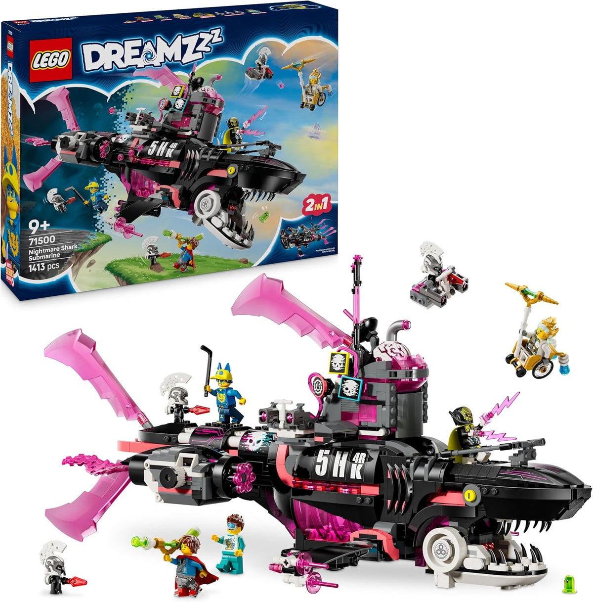 LEGO DREAMZzz Albtraumhai-U-Boot - Modulární sada se 2 stavebními prvky, 2 abnehmbaren Fluggeräten a 5 minifigurkami, vč. Mateo und Astrid - Dárek pro dívky a chlapce od 9 let - 71500