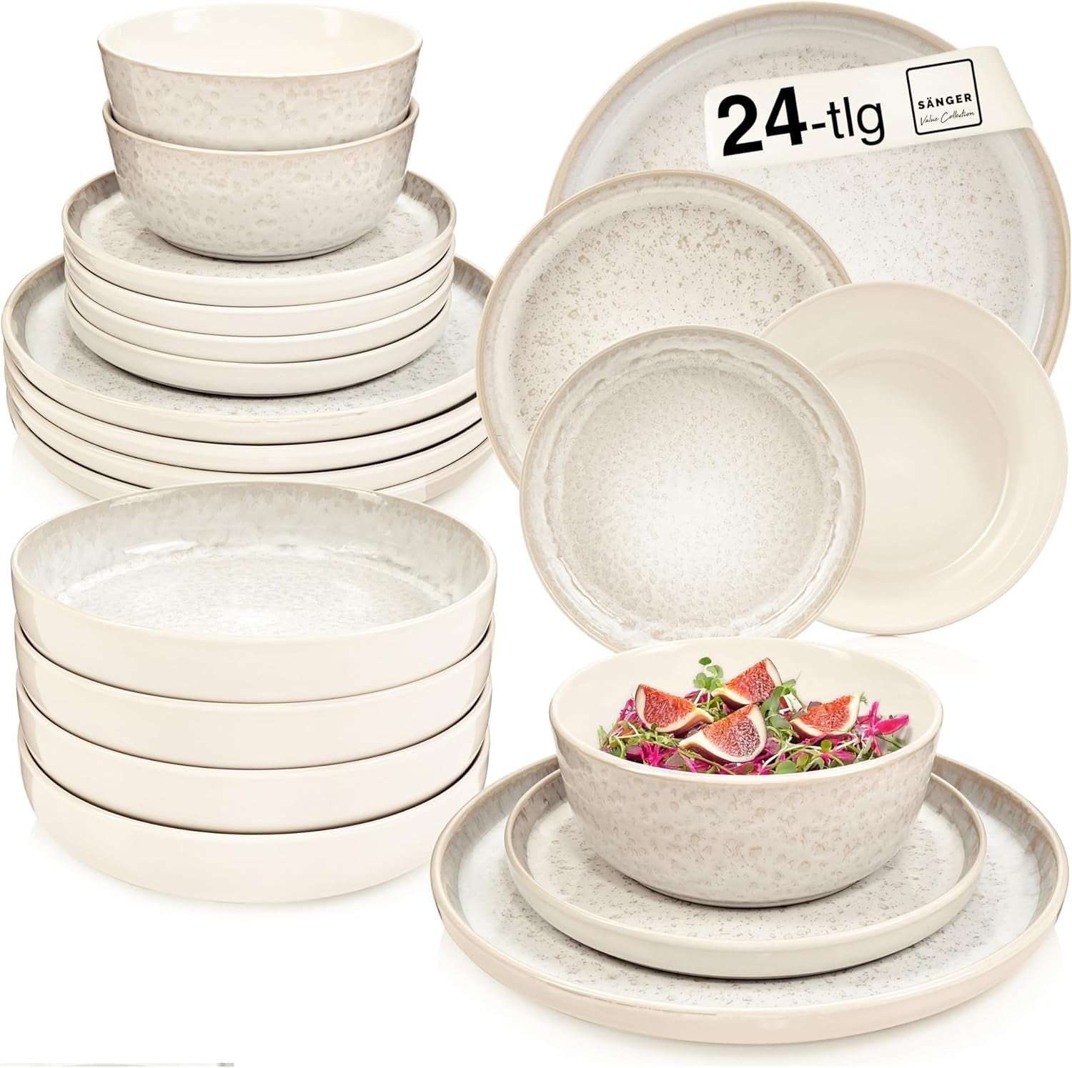 SÄNGER Key West | Set de veselă din gresie, 24 de piese, set de farfurii pentru 6 persoane, 6 farfurii de cină, boluri pentru cereale, farfurii pentru desert, boluri pentru paste, veselă de culoare crem cu textură nisipoasă | COLECȚIA VALUE