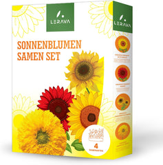 LERAVA® Sonnenblumen Samen Set (4 druhy) - Riesige gelbe & rote Sonnenblume - Zwerg und Sungold Teddy - Premium Sonnenblumensamen für Garten und Balkon - Blumensamen Geschenk für Hobbygärtner