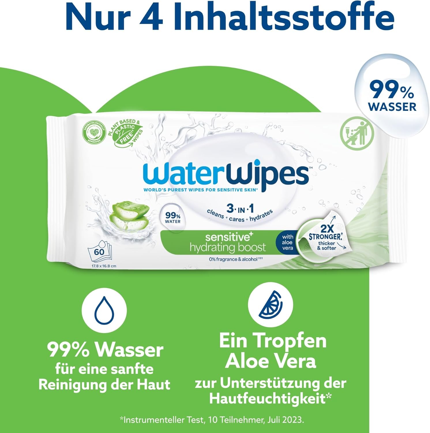 WaterWipes Sensitive+ Hydrating Boost vlhčené ubrousky, hydratační ubrousky, 360 kusů (6 balení), 3v1 čistí, pečují, hydratují, 99% voda z Aloe Vera, neparfémované dětské ubrousky