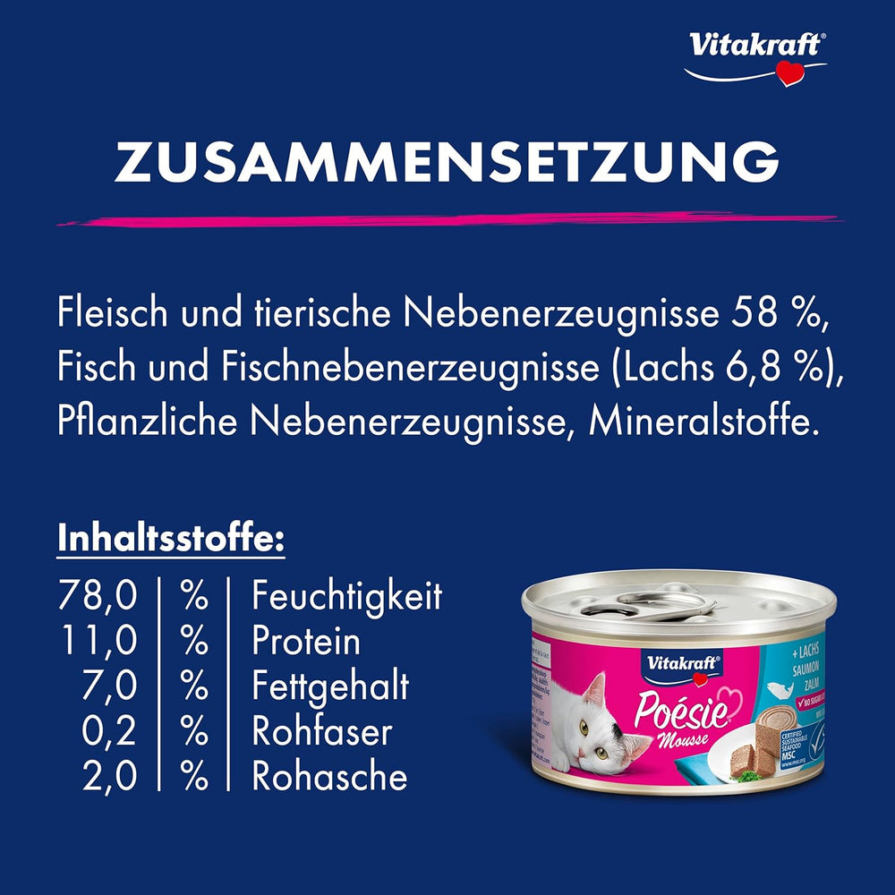 Vitakraft Poésie Mousse, hrană umedă pentru pisici, spumă aerisită, cu somon, fără zahăr adăugat sau cereale (12 x 85g)