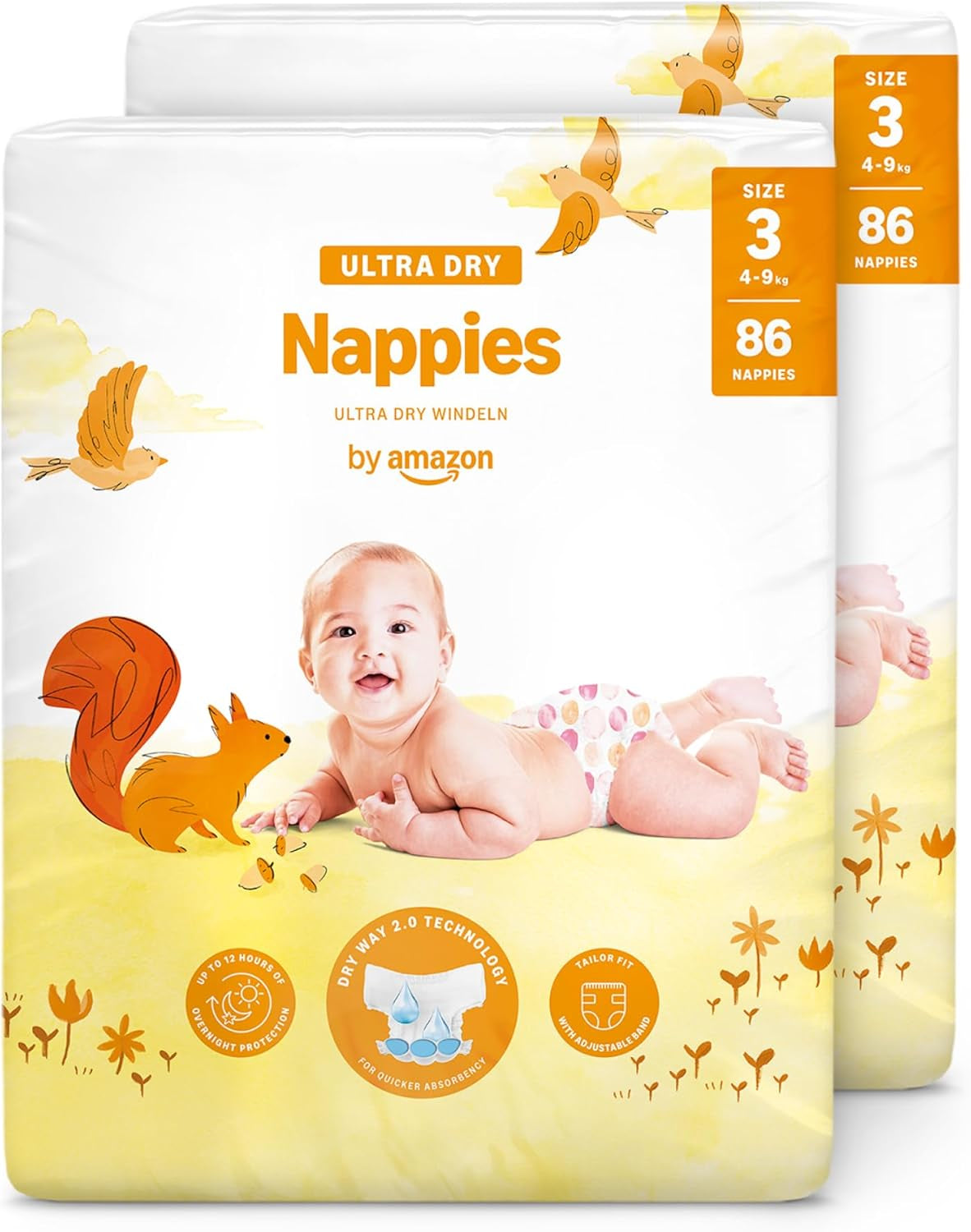 Ultra suché plenky Amazon, velikost 3 (4-9 kg) – měsíční krabička, bílá, počet 172 (2 balení po 86) (dříve Mama Bear, identický produkt)