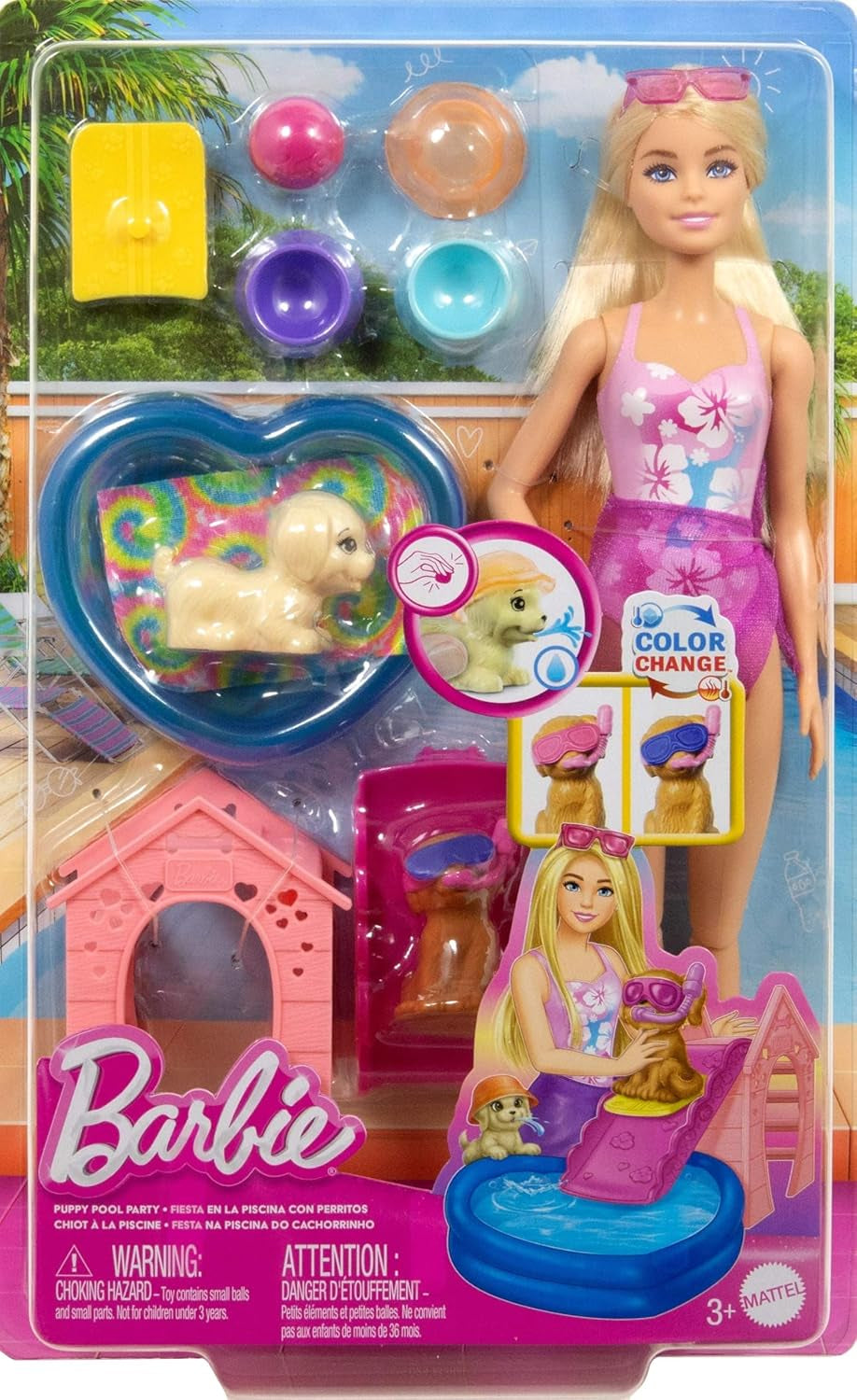 Set de joacă Barbie Puppy Pool Party cu păpușă la modă, căsuță pentru câini și tobogan, piscină în formă de inimă, 2 figurine câini, 6 accesorii și schimbător de culoare, JBF35