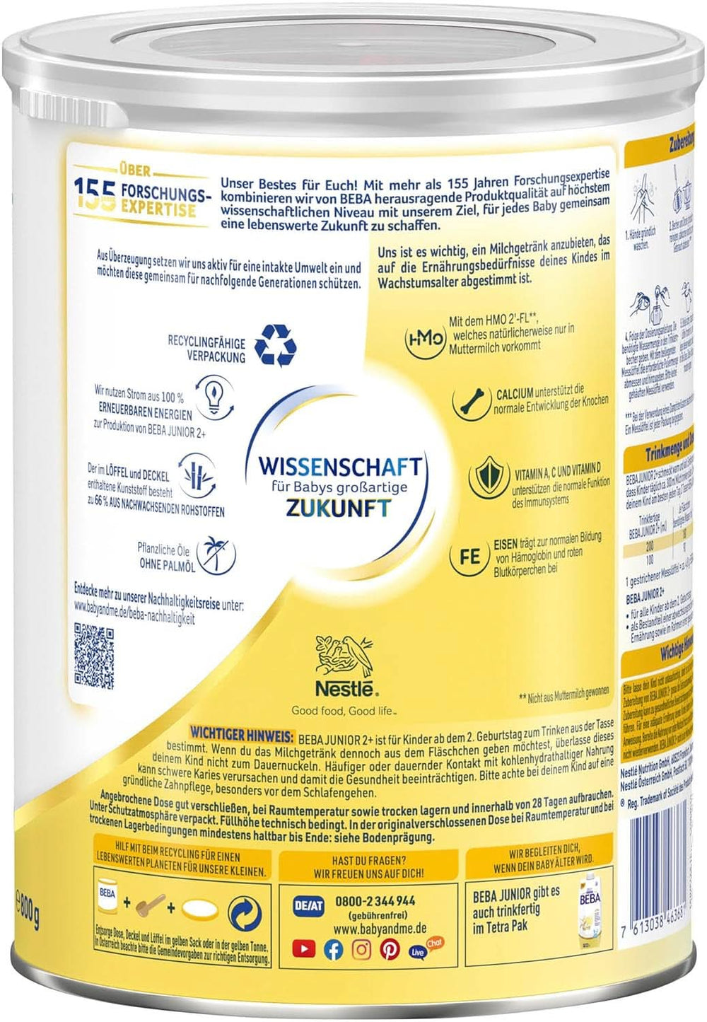 BEBA Junior 2+ 2. narozeninový mléčný nápoj, HMO 2'-FL dětská výživa, pouze laktóza, bez palmového oleje, balení 6 (6 x 800 g) Mother and Baby Naty Shop