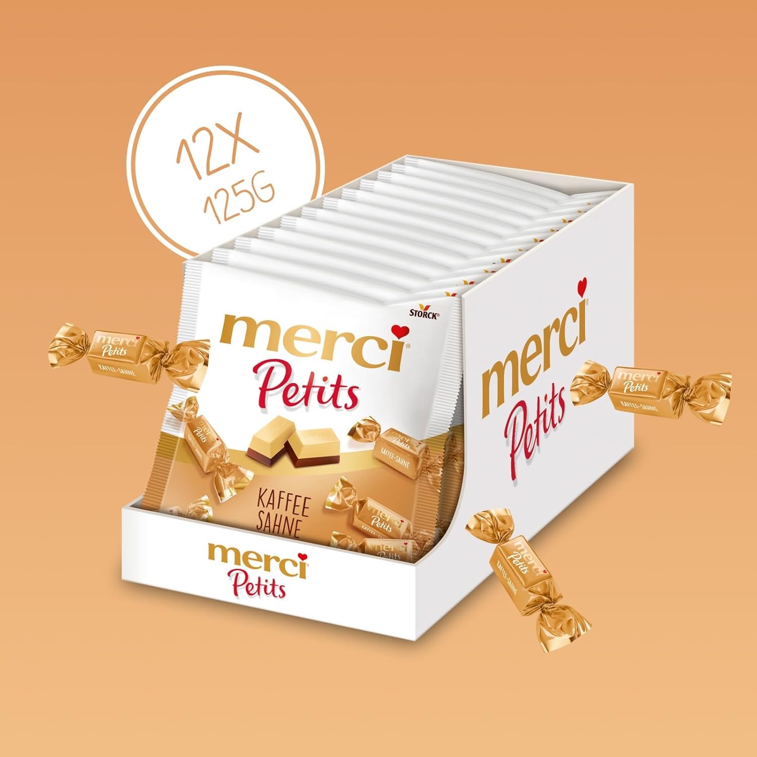 Kávový krém Merci Petits - 12 x 125 g - Malé pralinky z bílé čokolády na jemné čokoládě s kávovou smetanou - Jednotlivě balené čokoládové pralinky