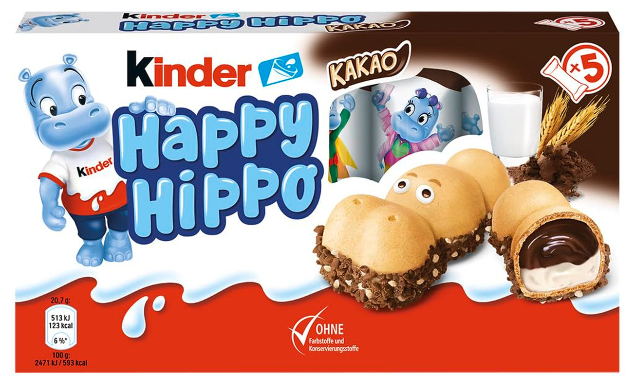 Kinder Happy Hippo Lískový ořech - Speciální křupavé oplatky s mlékem a lískooříškovým krémem - Karnevalové a Mardi Gras sladkosti - 1 balení obsahující 5 jednotlivých tyčinek po 20,7 g