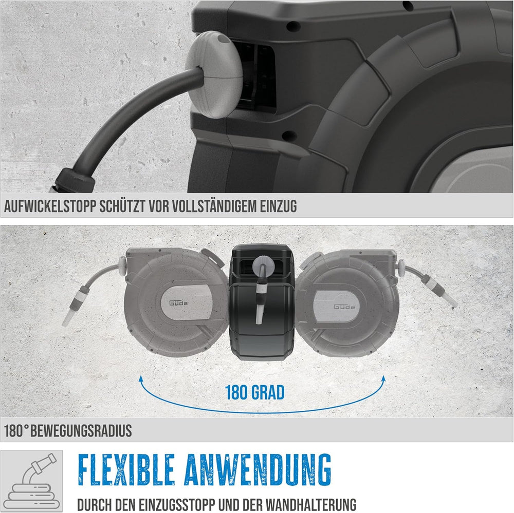 Rolă automată pentru furtun Güde 30-2-2 1/2 (rotație la 180°, pentru montare pe perete, furtun de 30 m, pulverizator de apă, suport de perete, retragere automată, opritor retragere, mâner de transport, 2 cuplaje rapide)