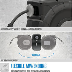 Rolă automată pentru furtun Güde 30-2-2 1/2 (rotație la 180°, pentru montare pe perete, furtun de 30 m, pulverizator de apă, suport de perete, retragere automată, opritor retragere, mâner de transport, 2 cuplaje rapide)