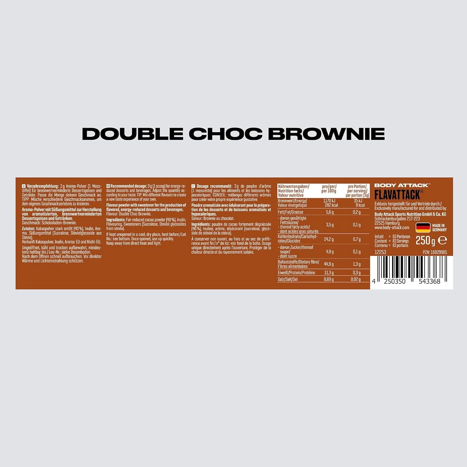 Body Attack Flavattack®, Double Choc Brownie, 250 G / 83 porcí Aromas Naty Shop