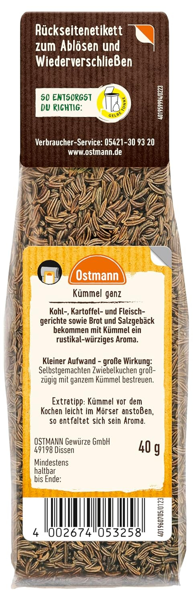 Ostmann Gewürze - Kümmel ganz | Zum Würzen von Brot und Gebäck | Zum Nachfüllen der Streudose | 40 g v sáčku