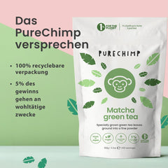 Purechimp Matcha ceremonial 100 g. Pulbere de ceai 100% pură din culturi umbrite pentru latte, infuzii și rețete. Pungă compostabilă. Bogată în antioxidanți.