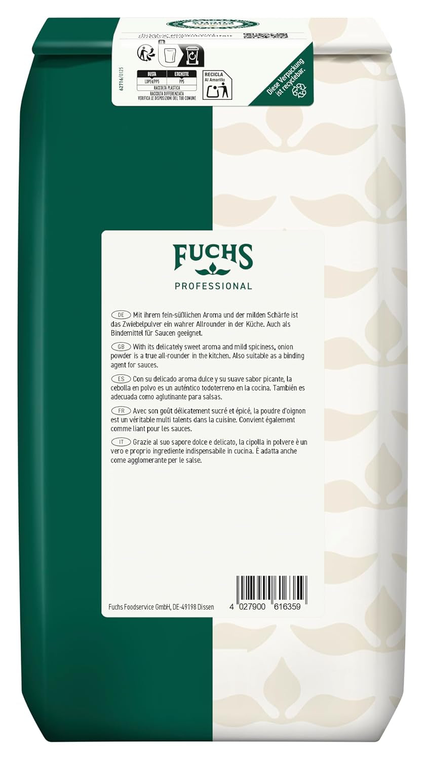 Fuchs Professional - Zwiebelpulver | Schonend verfahrett, zum Würzen von herzhaften Gerichten | Profi-Qualität für Großverbraucher und Gastronomie | 1 kg v recyklovatelném pytli