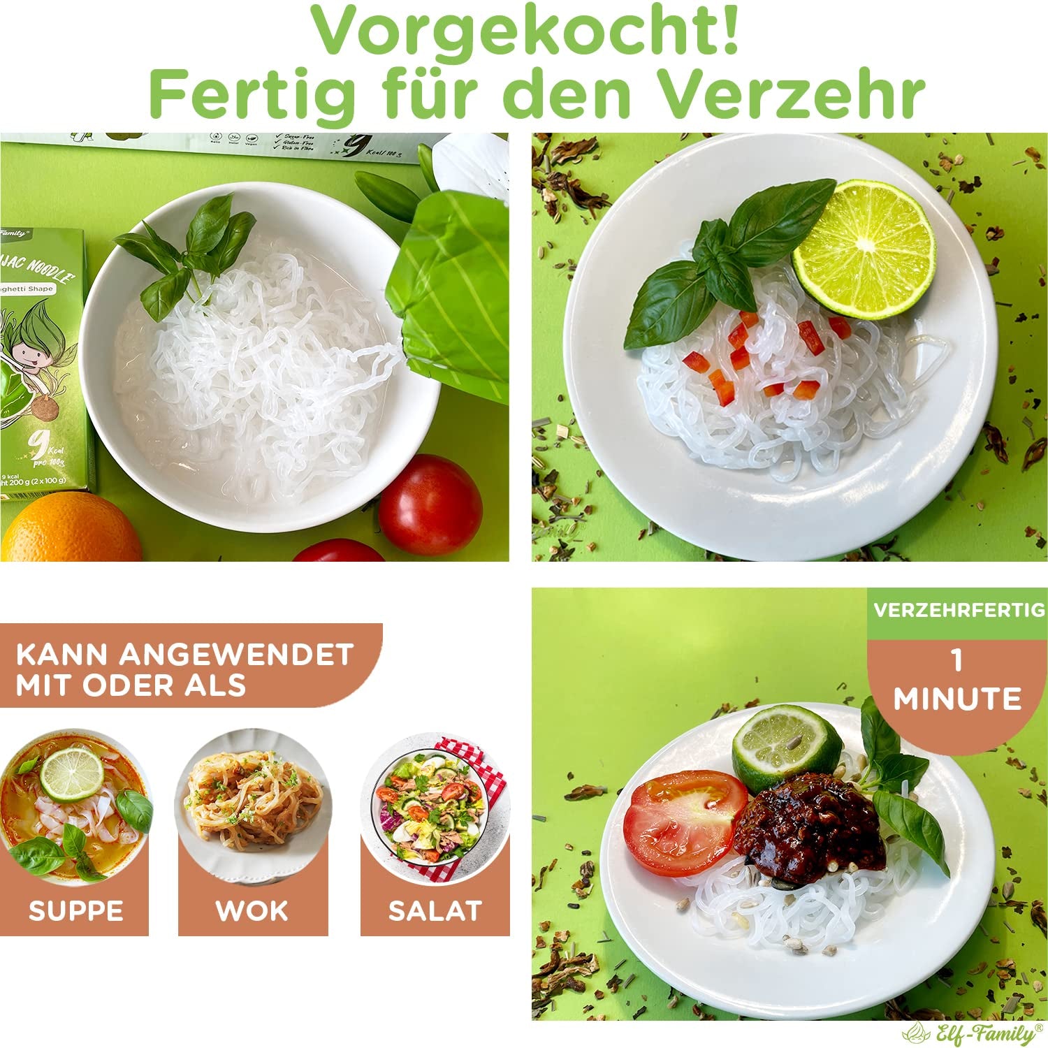 Elf-Family 6 krabiček (12 ks) Organické konjacové nudle Shirataki Ultra Low Carb Veganské Bezlepkové – 1,62 kg, Bez sacharidů/Keto/Nízkokalorické/Bez tuku/Bez cukru instantní nudle – Špagety a Fettuccine