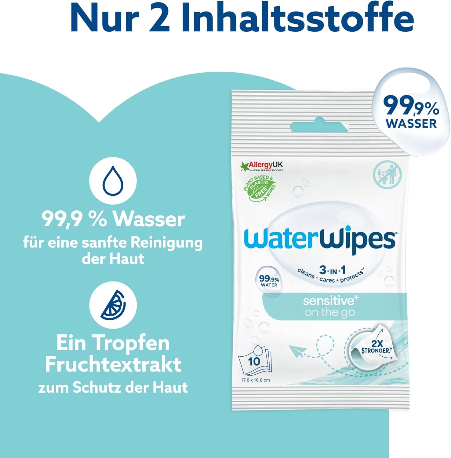 Vlhčené ubrousky WaterWipes Sensitive+ On The Go, 100 ubrousků (10 balení), 3 v 1 čistí, pečuje, chrání, 99,9 % vody, ubrousky bez parfemace