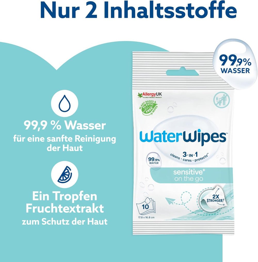 Vlhčené ubrousky WaterWipes Sensitive+ On The Go, 100 ubrousků (10 balení), 3 v 1 čistí, pečuje, chrání, 99,9 % vody, ubrousky bez parfemace