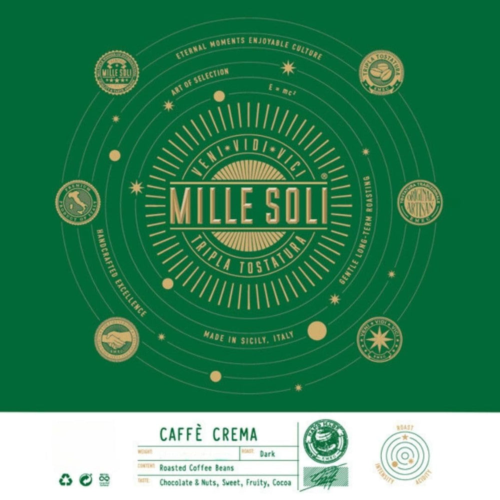 Caffè Crema - Boabe de cafea prăjite în Sicilia - Proces tradițional de prăjire îndelungată cu cremă perfectă, pungă de 250 g, aciditate deosebit de scăzută pentru aparate complet automate și portafiltru