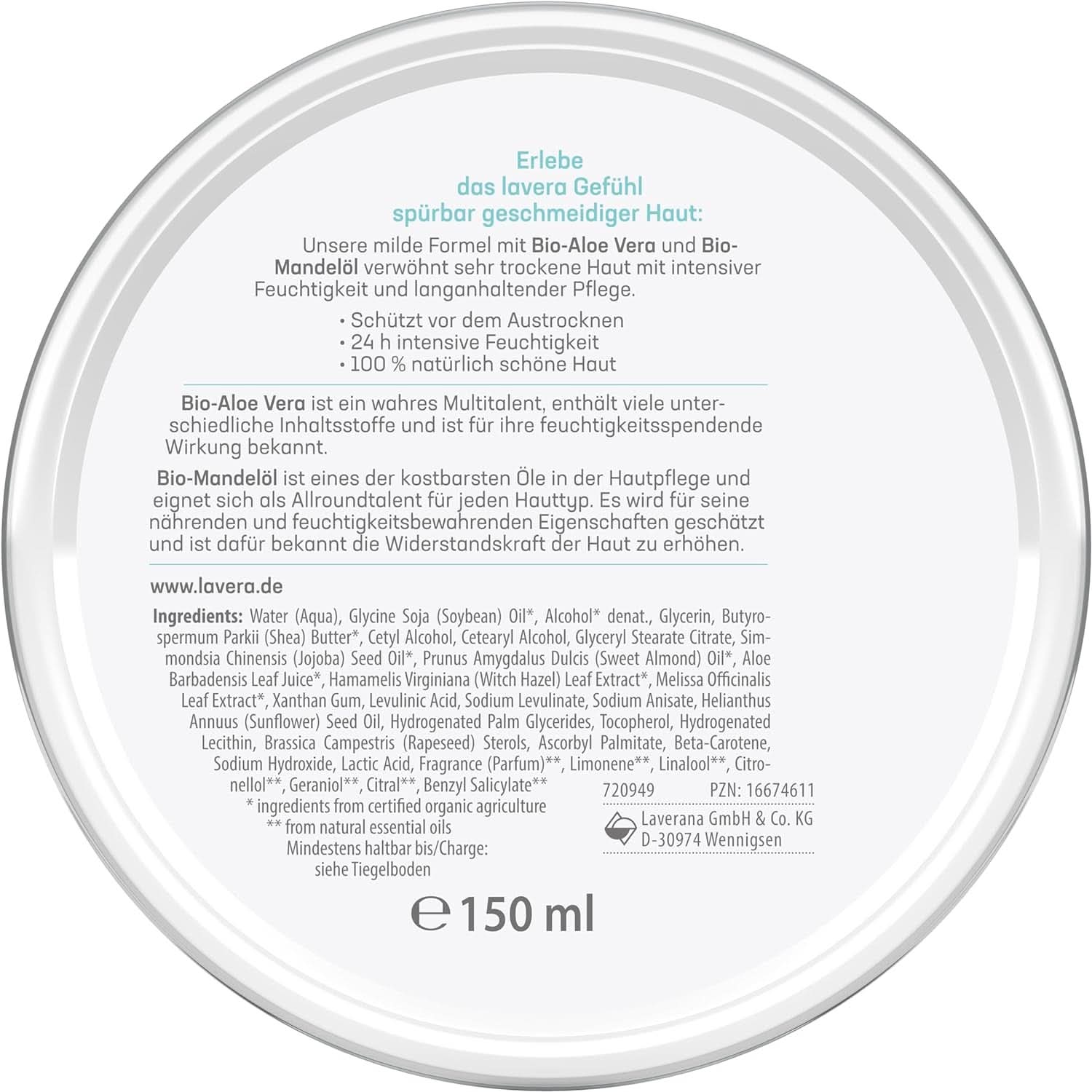 Lavera Basis Sensitiv, îngrijire intensivă pentru pielea uscată cu Aloe Vera si ulei de migdale, 150 ml Naty Shop