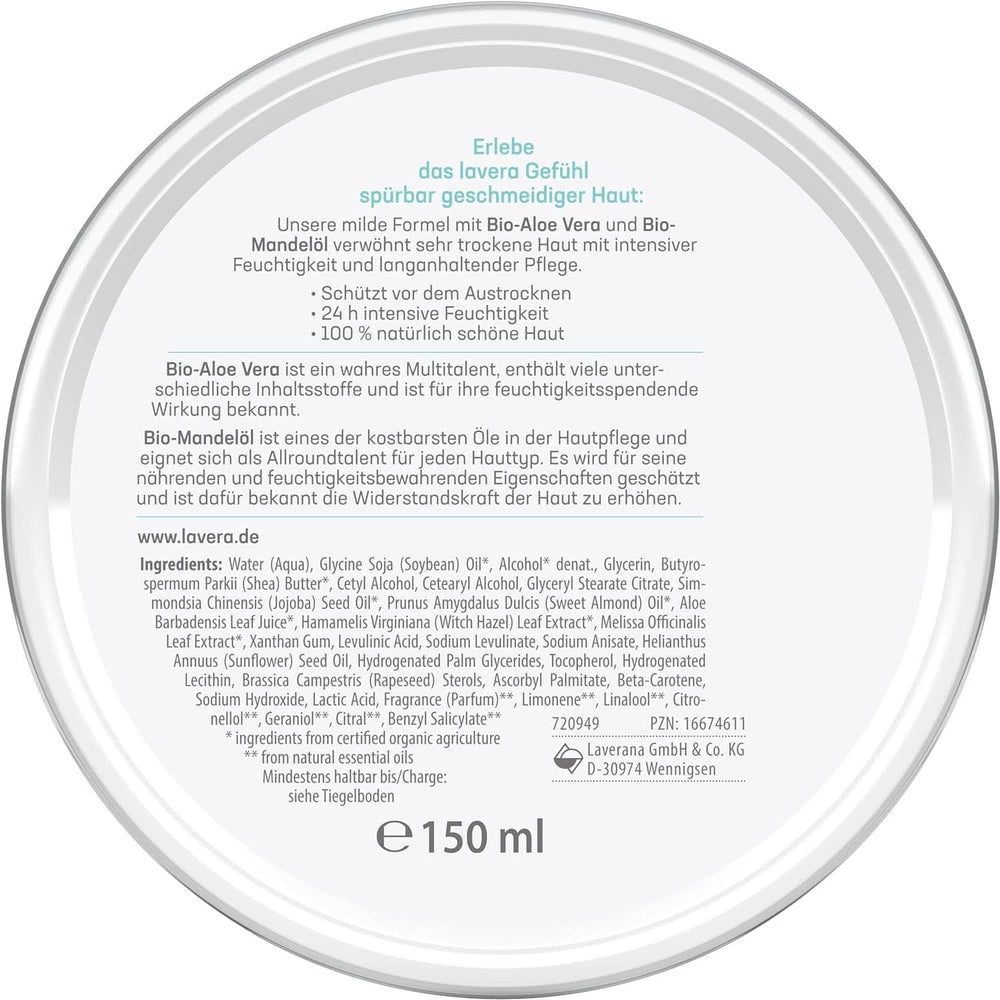 Lavera Basis Sensitiv, îngrijire intensivă pentru pielea uscată cu Aloe Vera si ulei de migdale, 150 ml Naty Shop