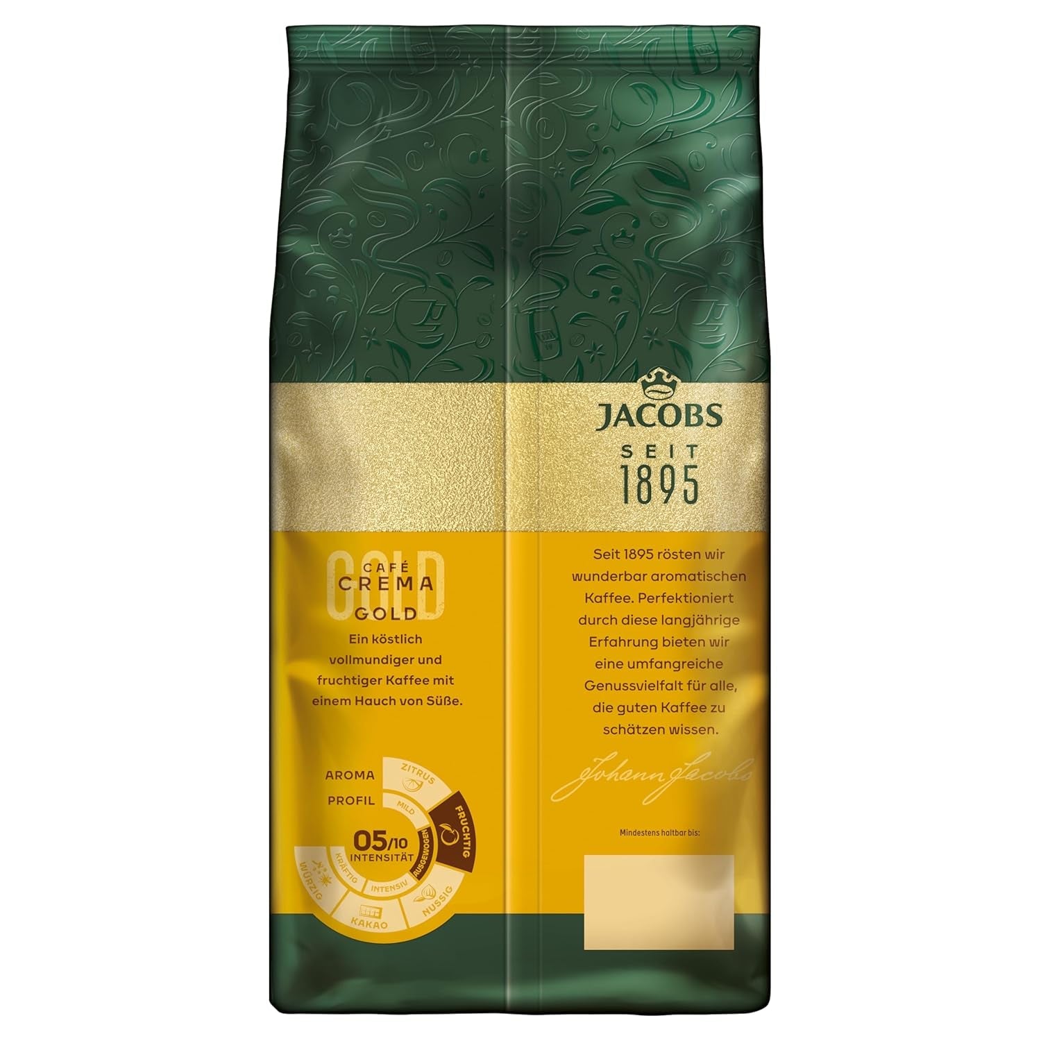 Kávová zrna Jacobs Café Crema Gold 1 kg – Vollmundig, Aromatisch, Fruchtige Notes, zrna Arabica & Robusta, Intensität 5/10, Ideální pro Café Crema Naty Shop