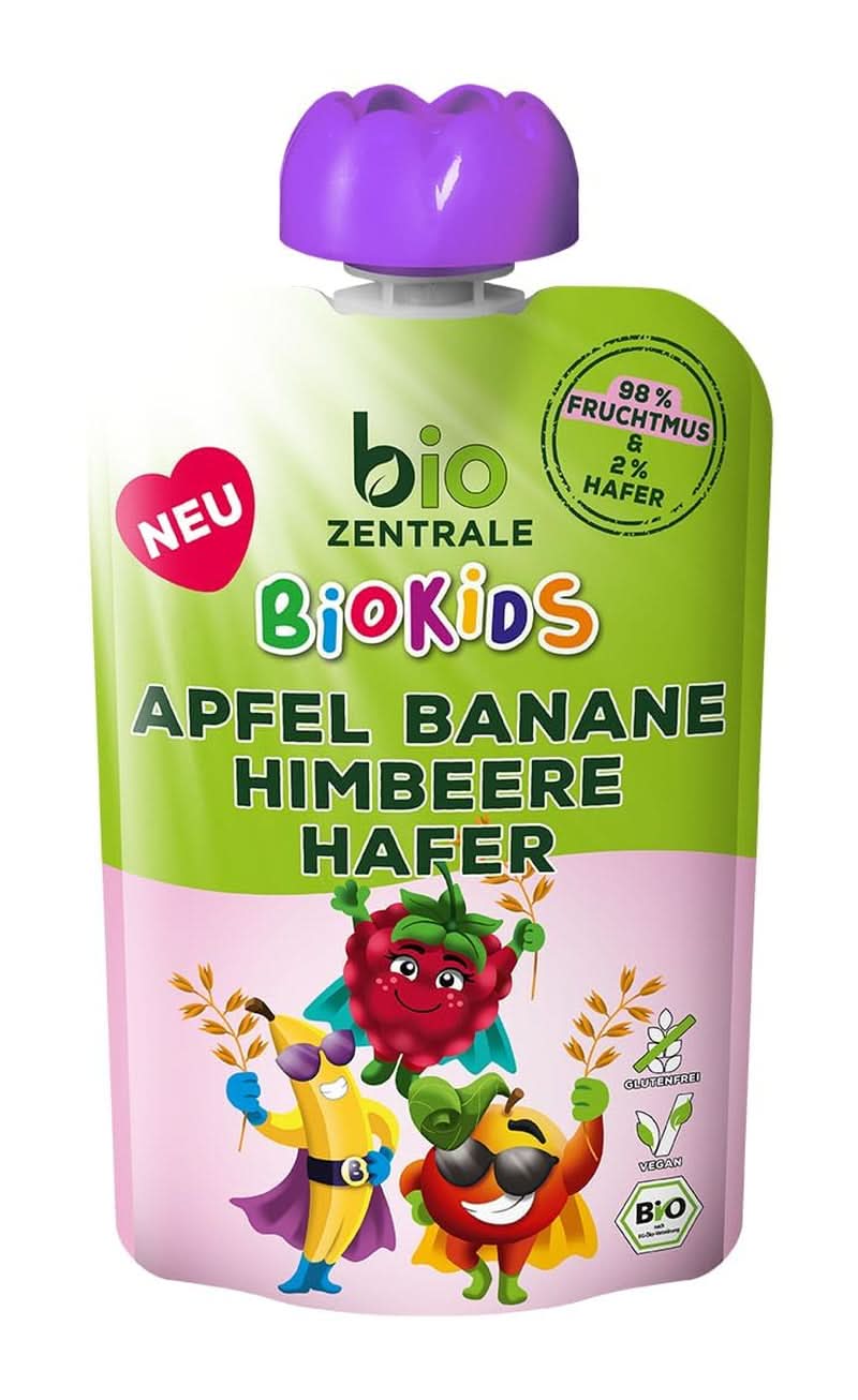 Biozentrale Biokids ovocné pyré jablka banány maliny oves | 12X90G | Ovocná přesnídávka bez přidaného cukru | Veganská matka a dítě Naty Shop