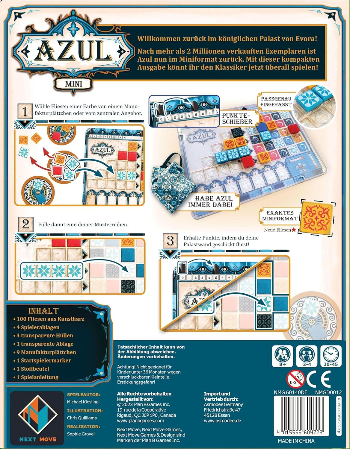 Next Move Games, Azul Mini, rodinná hra, desková hra, 2–4 hráči, věk 8+, 30–45 minut, německy