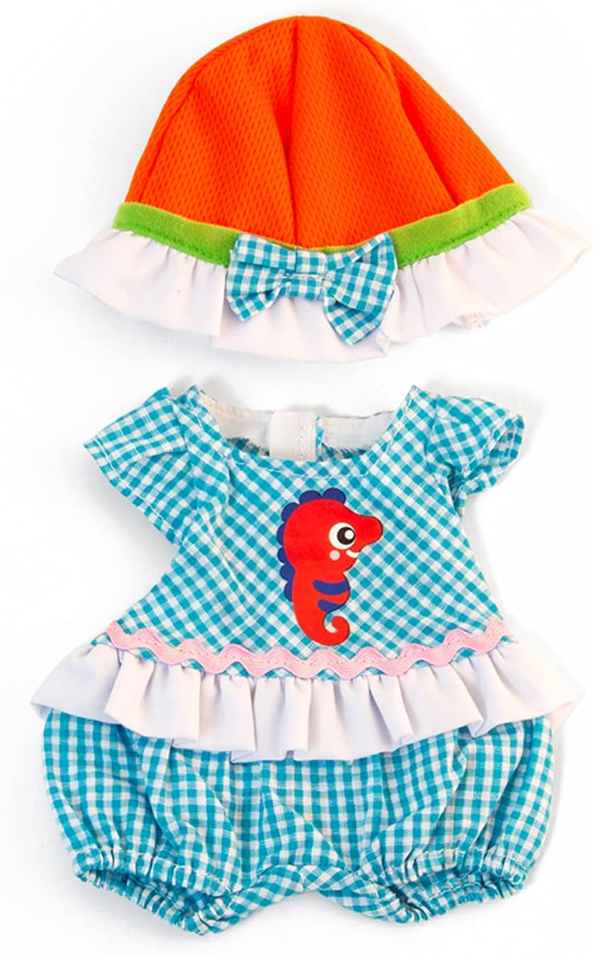 Miniland Set Puppenkleidung 32cm, girgeltes T-Shirt with Latzhose und Mütze, Übergangszeit