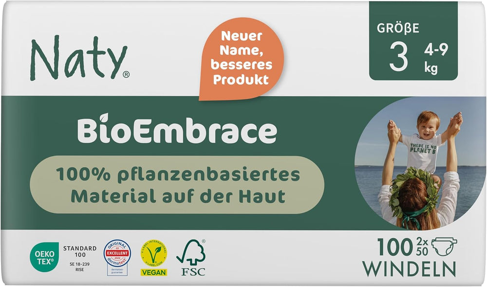 Dětské plenky Naty BioEmbrace, velikost 3 (4–9 kg) | 100% rostlinné materiály, šetrné k pokožce | Prodyšná měkkost, dermatologicky testováno, výborná vstřebatelnost | 100 ks.