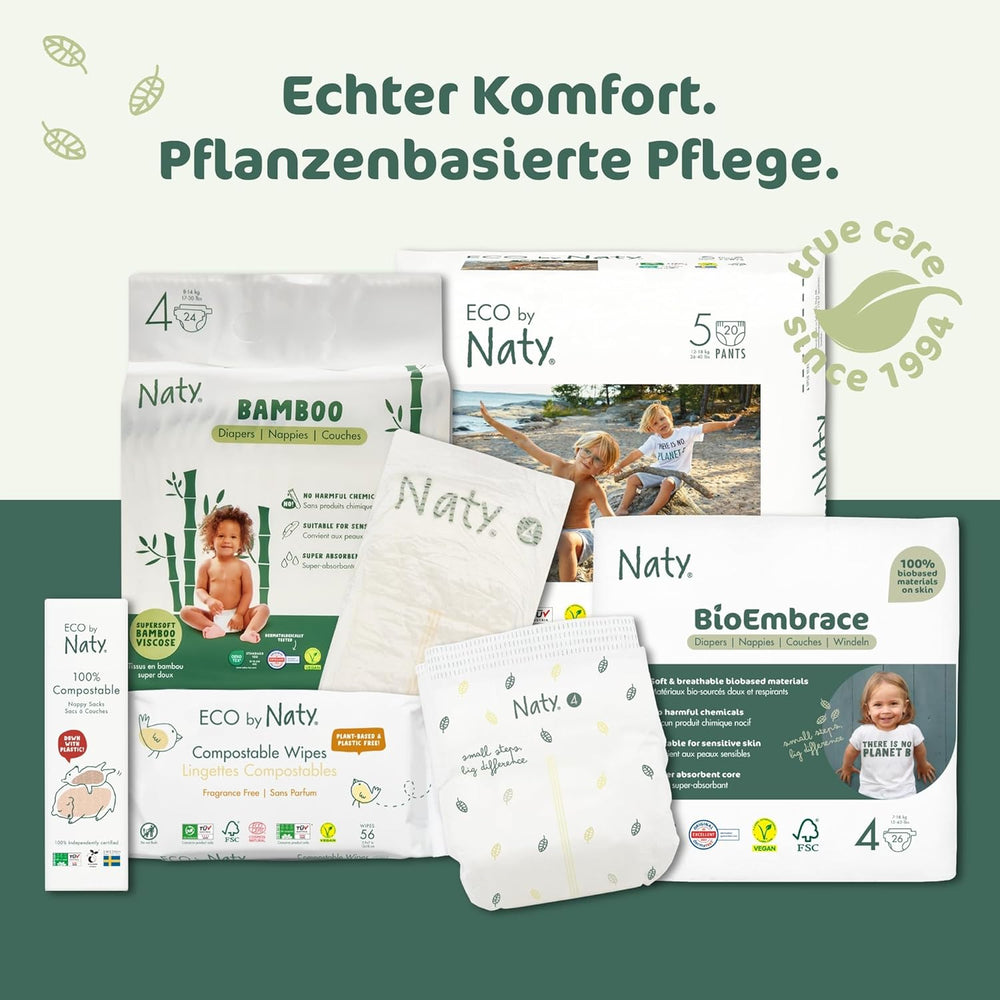 Dětské plenky Naty BioEmbrace, velikost 3 (4–9 kg) | 100% rostlinné materiály, šetrné k pokožce | Prodyšná měkkost, dermatologicky testováno, výborná vstřebatelnost | 100 ks.