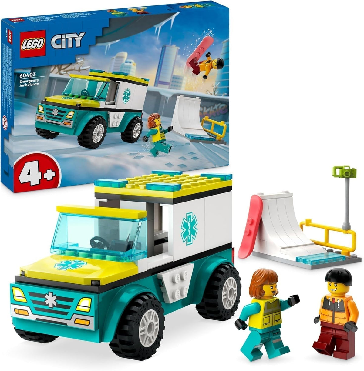 LEGO City Sanitka a snowboardista, sanitka s autíčkem a 2 minifigurkami, figurka snowboardisty a zdravotníka, nápaditý dárek pro chlapce a dívky od 4 let 60403 Stavebnice Besuche den LEGO-Store Výchozí název